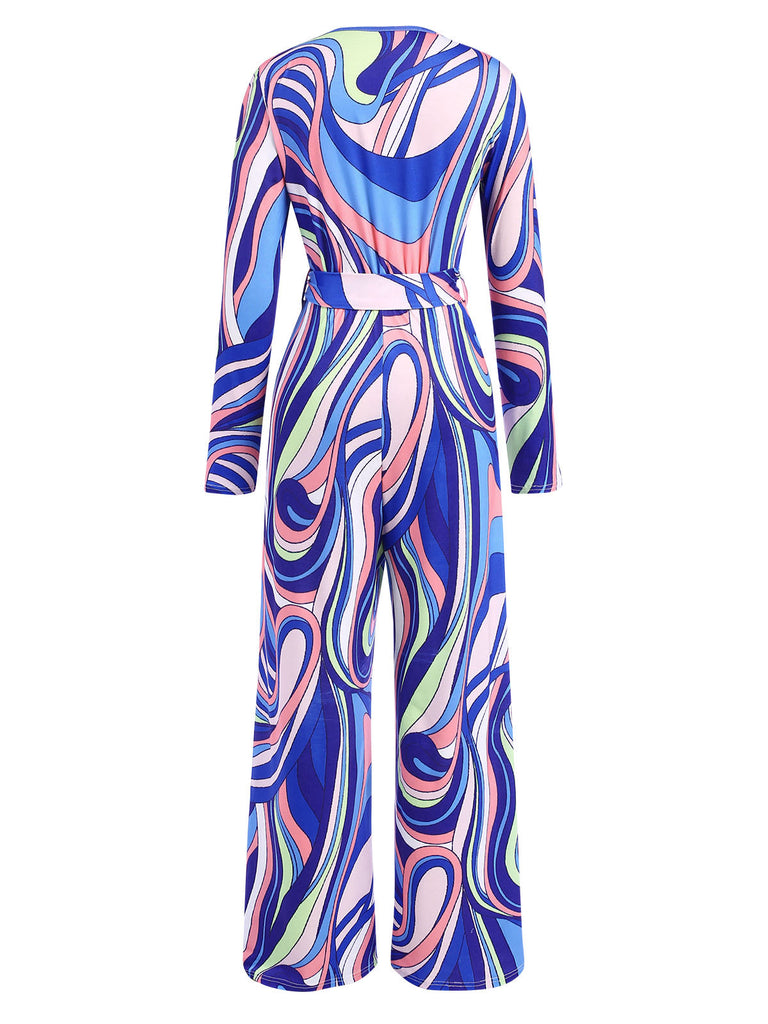 Blau 1980er Psychedelischer Druck Taillenbund Jumpsuit