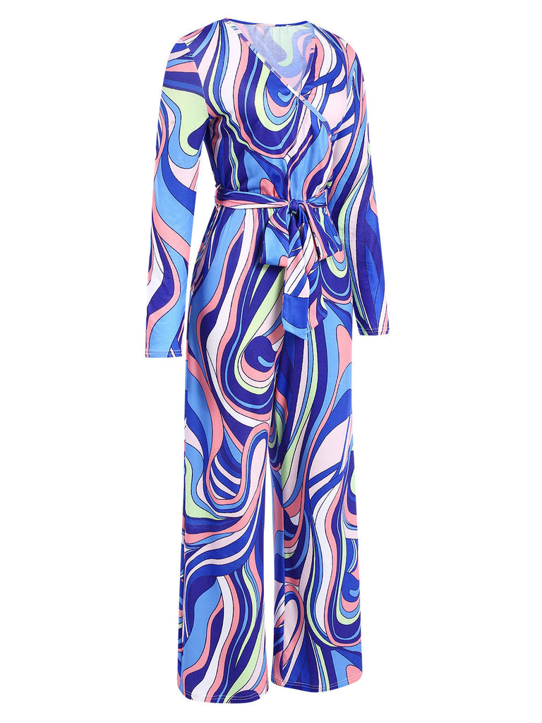 Blau 1980er Psychedelischer Druck Taillenbund Jumpsuit