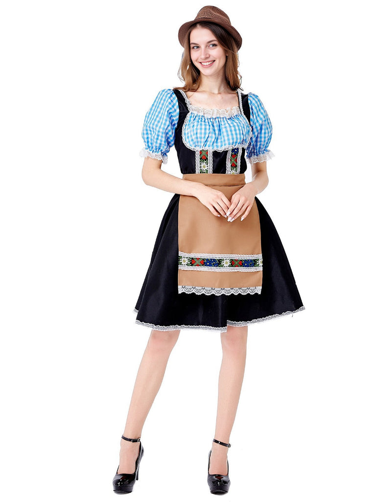 2PCS Blau 1950er Oktoberfest Gingham Puff Spitze Kleid mit Schürze