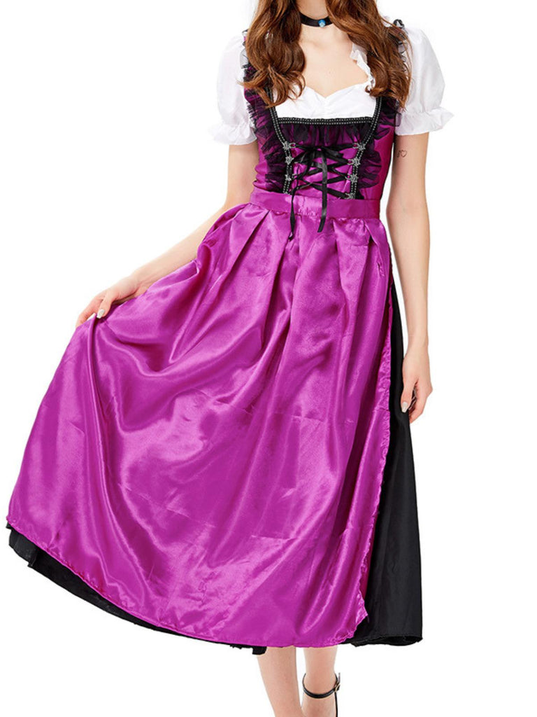 2PCS Lila 1950er Oktoberfest Puffärmel Kleid mit Schürze