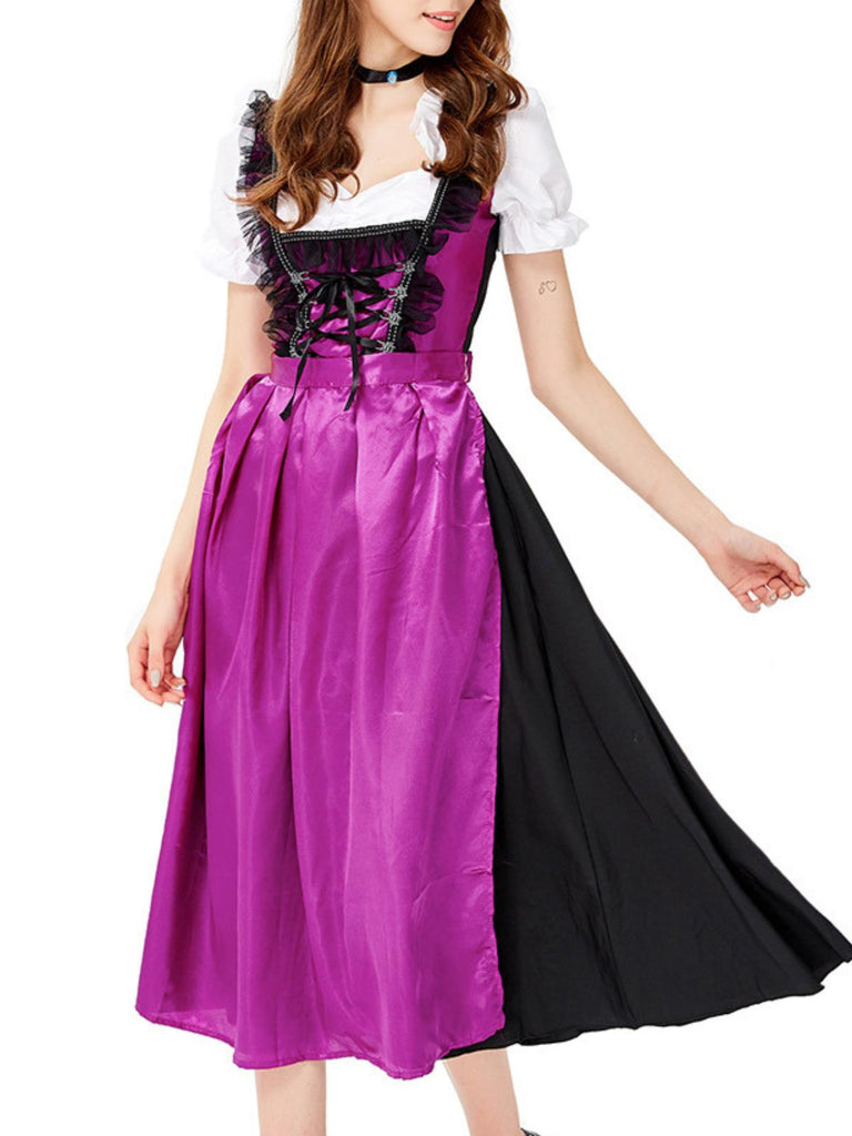 2PCS Lila 1950er Oktoberfest Puffärmel Kleid mit Schürze