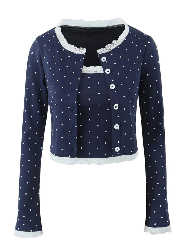 2PCS Blau 1950er Polka Dots Unterhemd & Strickjacke