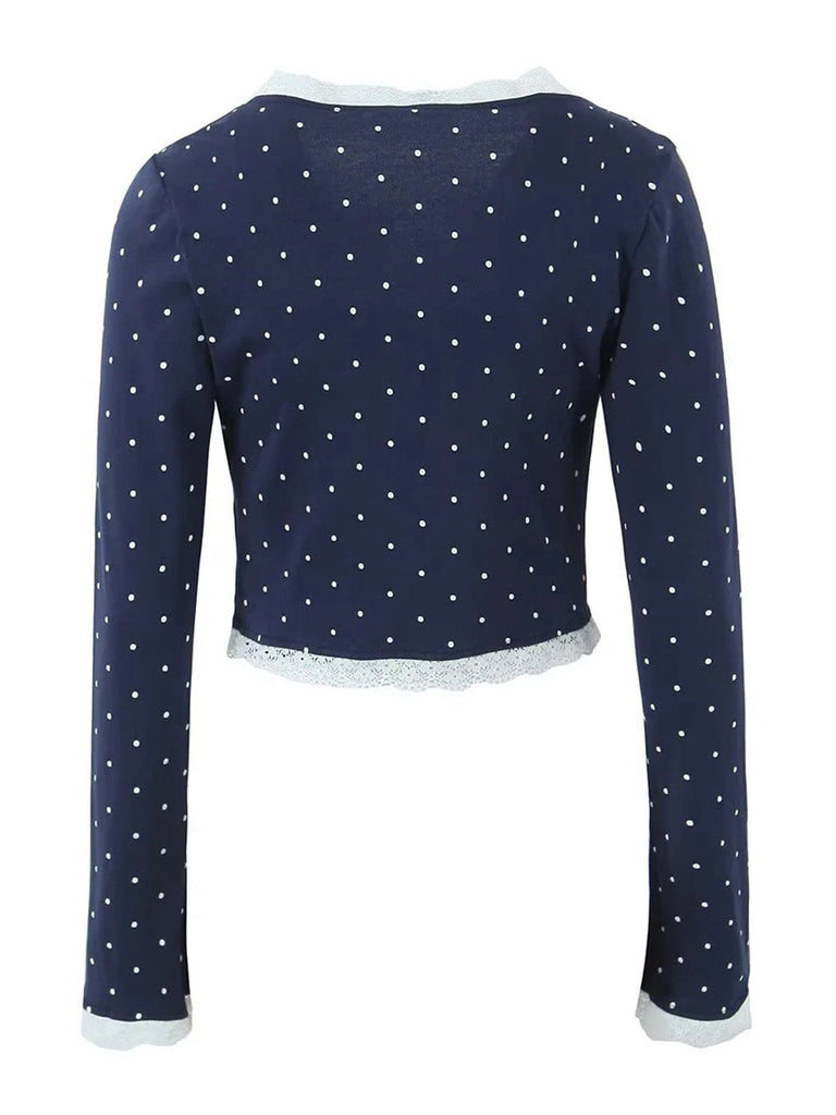 2PCS Blau 1950er Polka Dots Unterhemd & Strickjacke