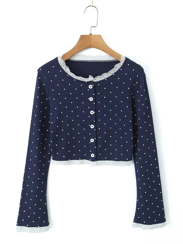 2PCS Blau 1950er Polka Dots Unterhemd & Strickjacke