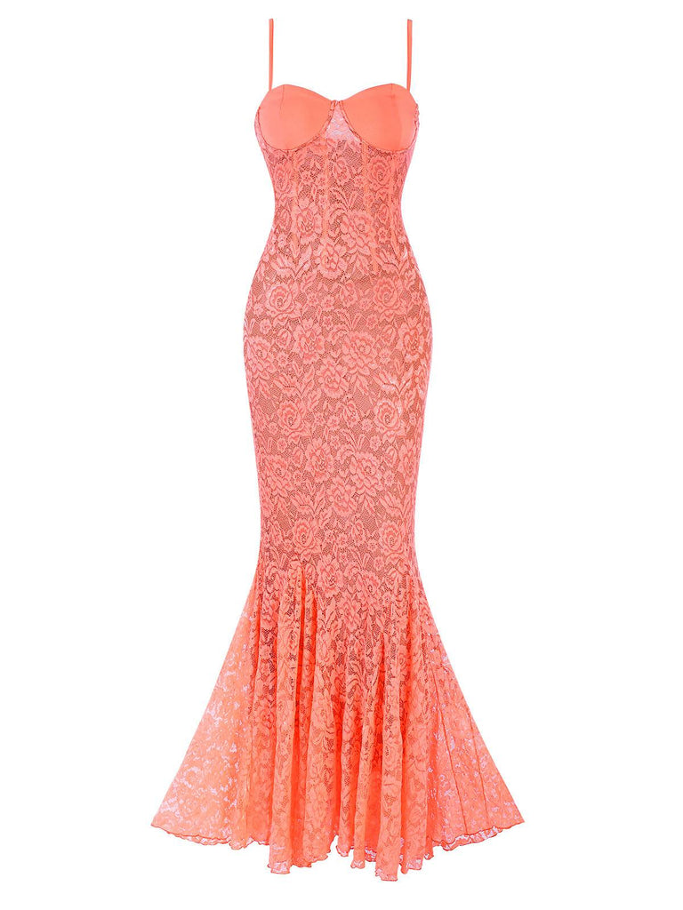 Orange 1930er Blume Spitze Spaghetti Träger Mermaid Kleid