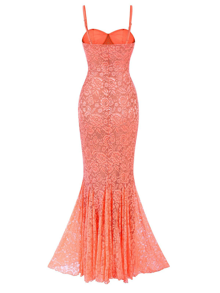 Orange 1930er Blume Spitze Spaghetti Träger Mermaid Kleid