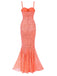 Orange 1930er Blume Spitze Spaghetti Träger Mermaid Kleid