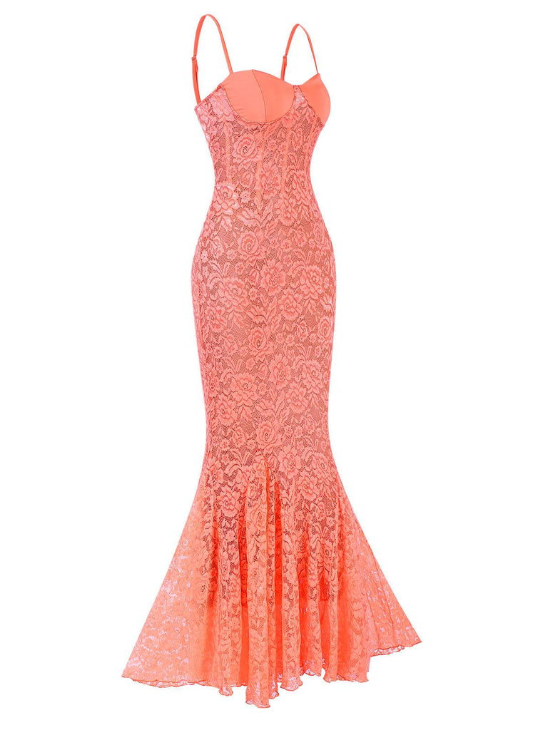 Orange 1930er Blume Spitze Spaghetti Träger Mermaid Kleid