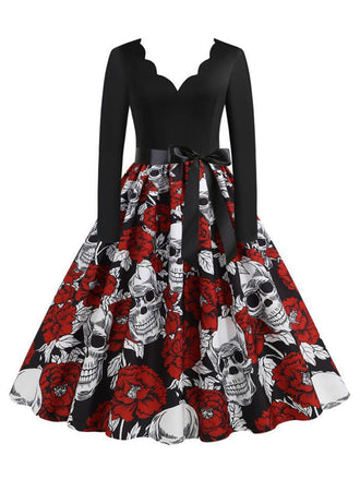 Schwarz 1950er Halloween Roses Schädel Blütenkragen Kleid
