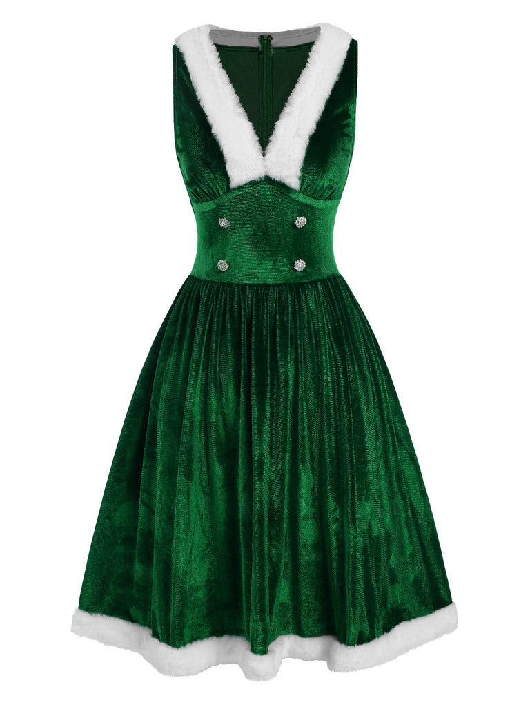 [Vorverkauf] Grün 1950er Tief V-Ausschnitt Samt Pelzkragen Kleid