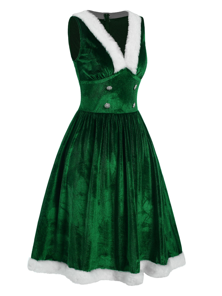 [Vorverkauf] Grün 1950er Tief V-Ausschnitt Samt Pelzkragen Kleid