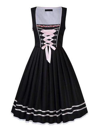 2PCS Rosa 1950er Oktoberfest Dirndl Puffärmel Besticktes Kleid