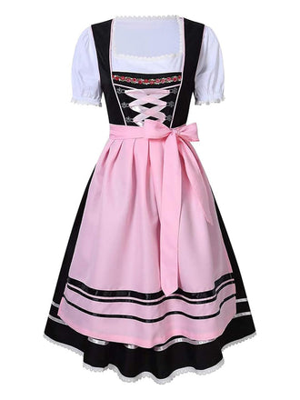 2PCS Rosa 1950er Oktoberfest Dirndl Puffärmel Besticktes Kleid