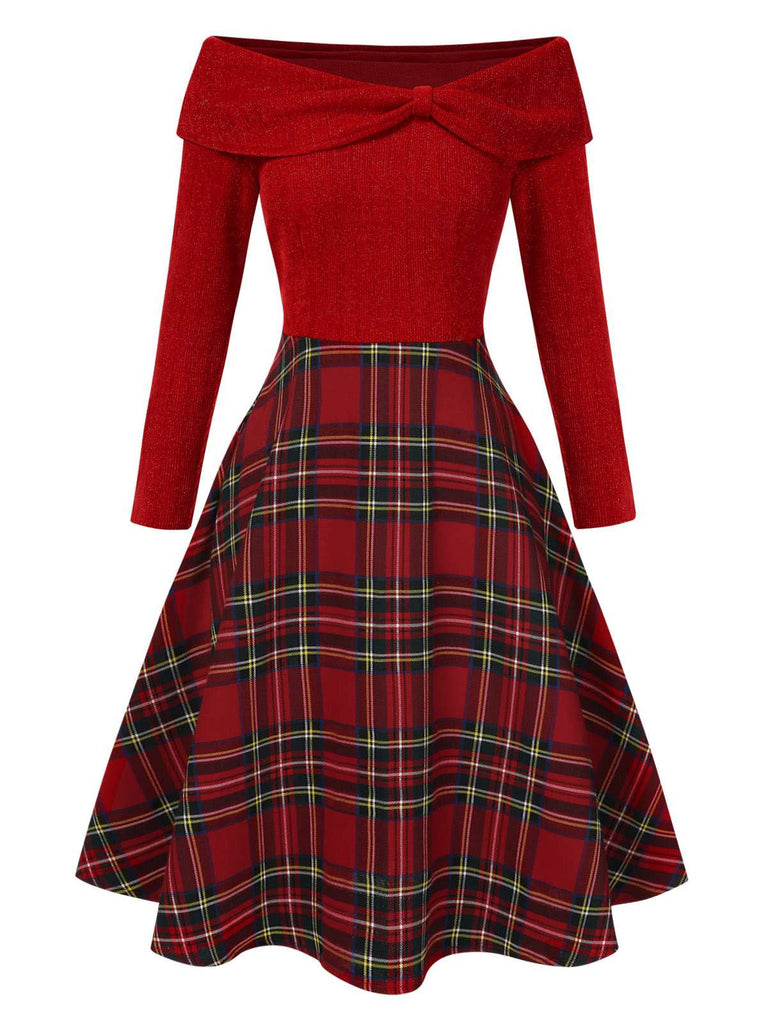 [Vorverkauf] Rot 1950er Weihnachten Schulterfrei Tartan Kleid