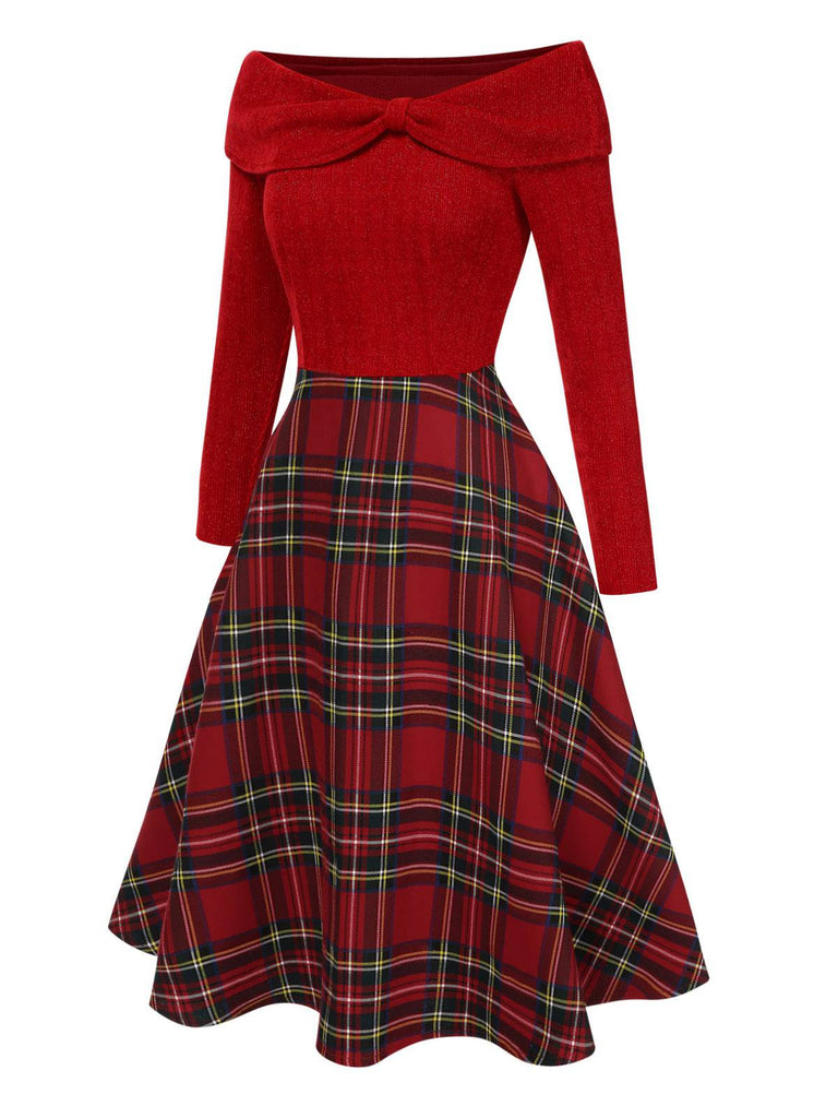 [Vorverkauf] Rot 1950er Weihnachten Schulterfrei Tartan Kleid