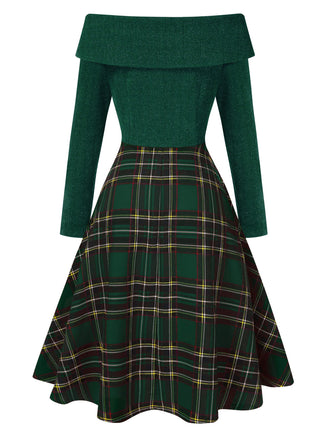 Grün 1950er Weihnachten Schulterfrei Tartan Kleid