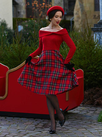 Rot 1950er Weihnachten Schulterfrei Tartan Kleid