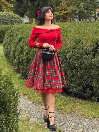 Rot 1950er Weihnachten Schulterfrei Tartan Kleid