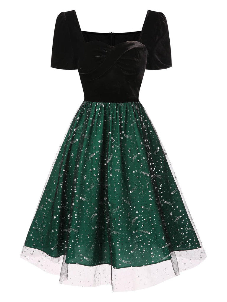 [Vorverkauf] Schwarz & Grün 1950er Sterne Masche Samt Kleid