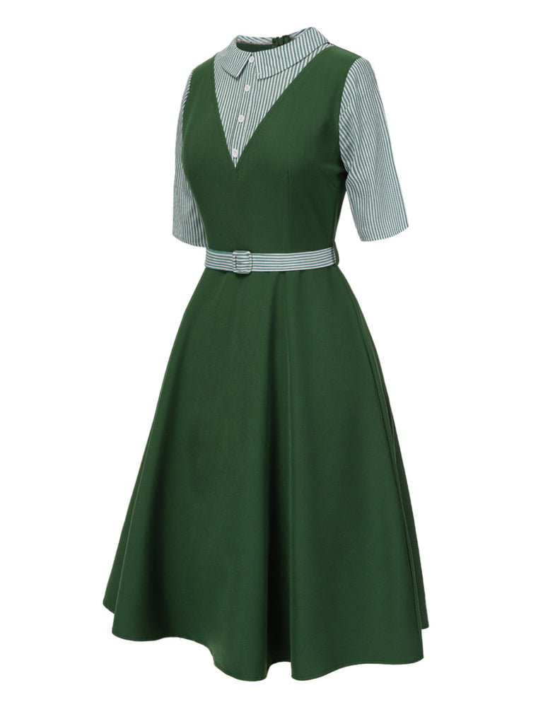 [Vorverkauf] Grün 1940er Streifen Revers Gürtel Kleid