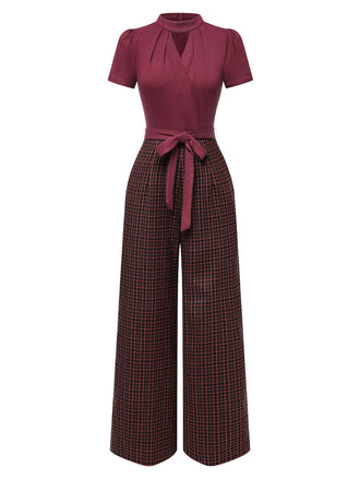 Rot 1930er Plaid Schlüssellochhals Jumpsuit