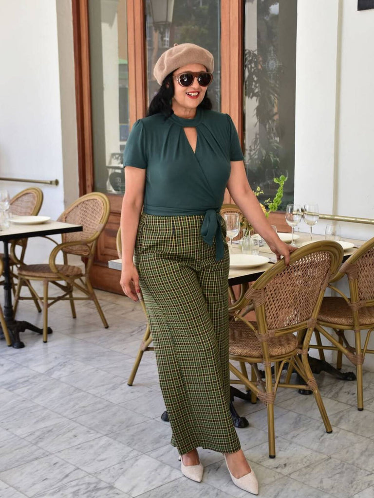 Grün 1930er Plaid Schlüssellochhals Jumpsuit