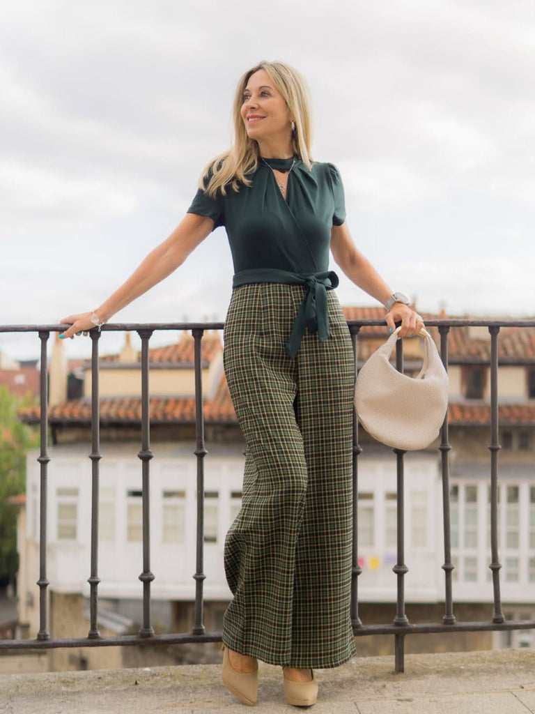 Grün 1930er Plaid Schlüssellochhals Jumpsuit