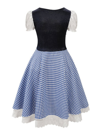 Blau 1950er Oktoberfest Dirndl Puffärmel Gingham Plaid Kleid