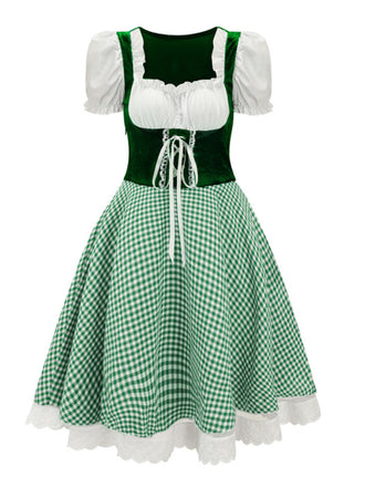 Grün 1950er Oktoberfest Dirndl Puffärmel Gingham Plaid Kleid