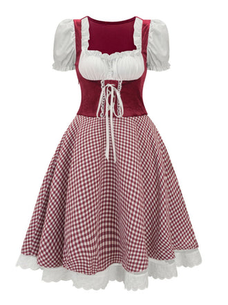 1950er Oktoberfest Dirndl Puffärmel Gingham Plaid Kleid