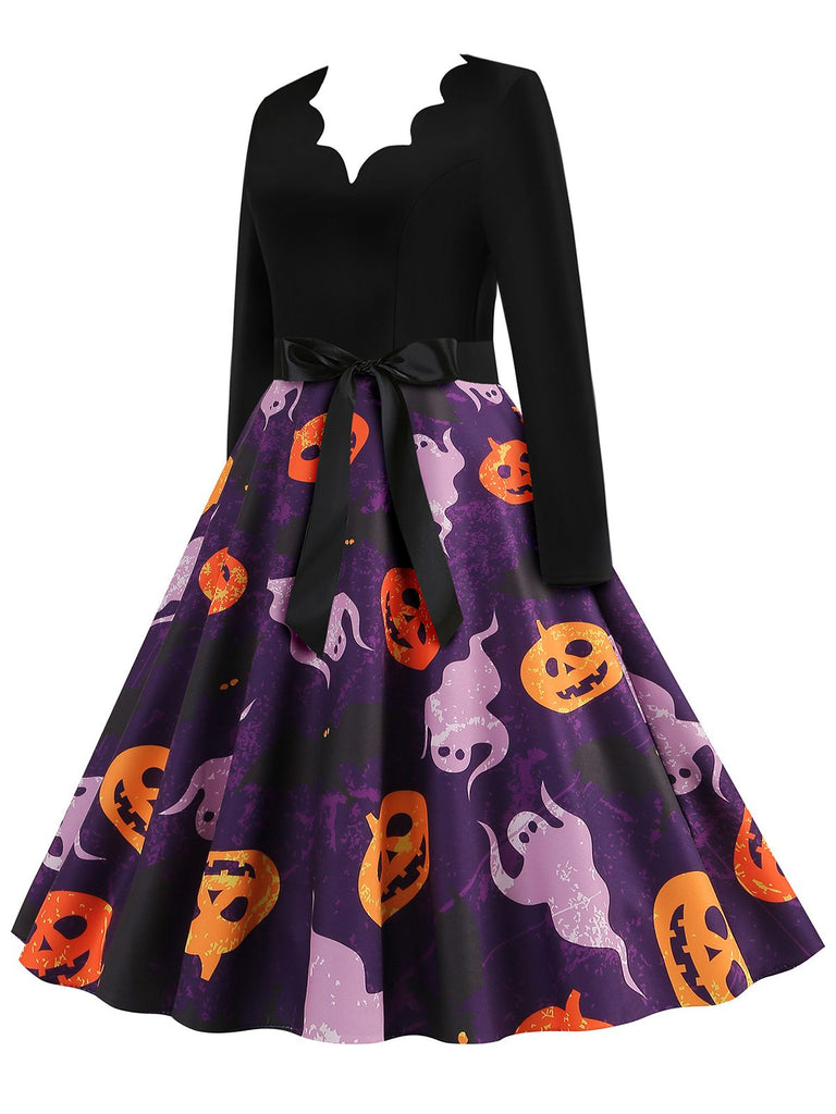 Schwarz 1950er Halloween Kürbis Geist Blütenblattkragen Kleid