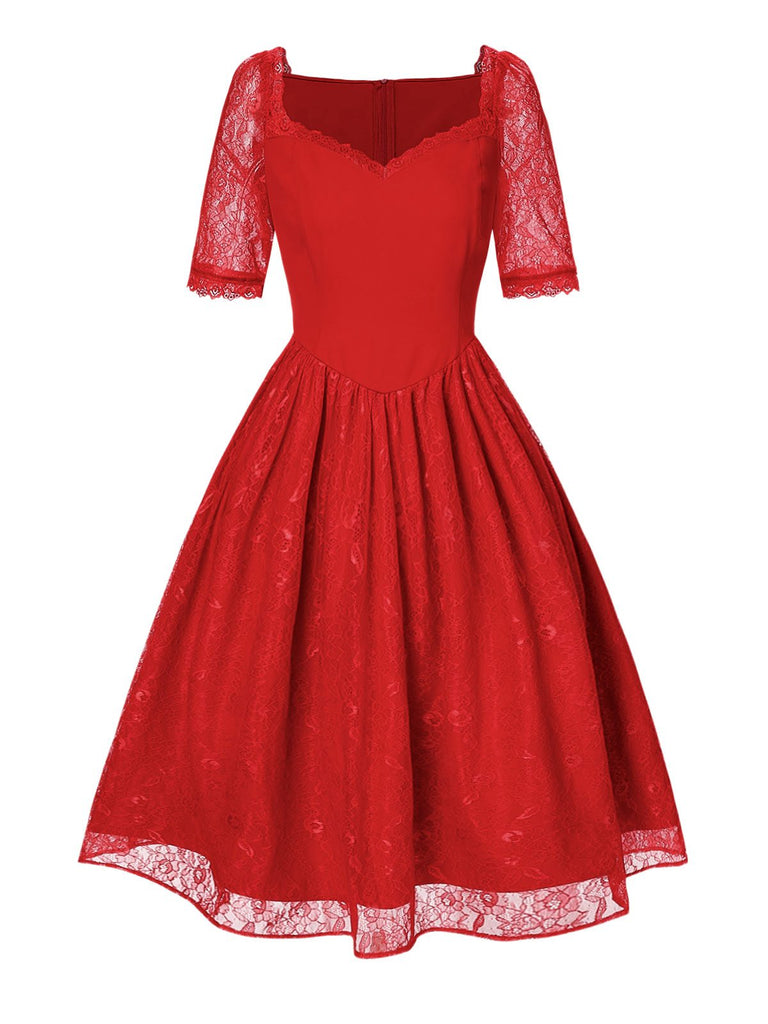 [Vorverkauf] Rot 1950er Sweetheart Spitze Patchwork Kleid