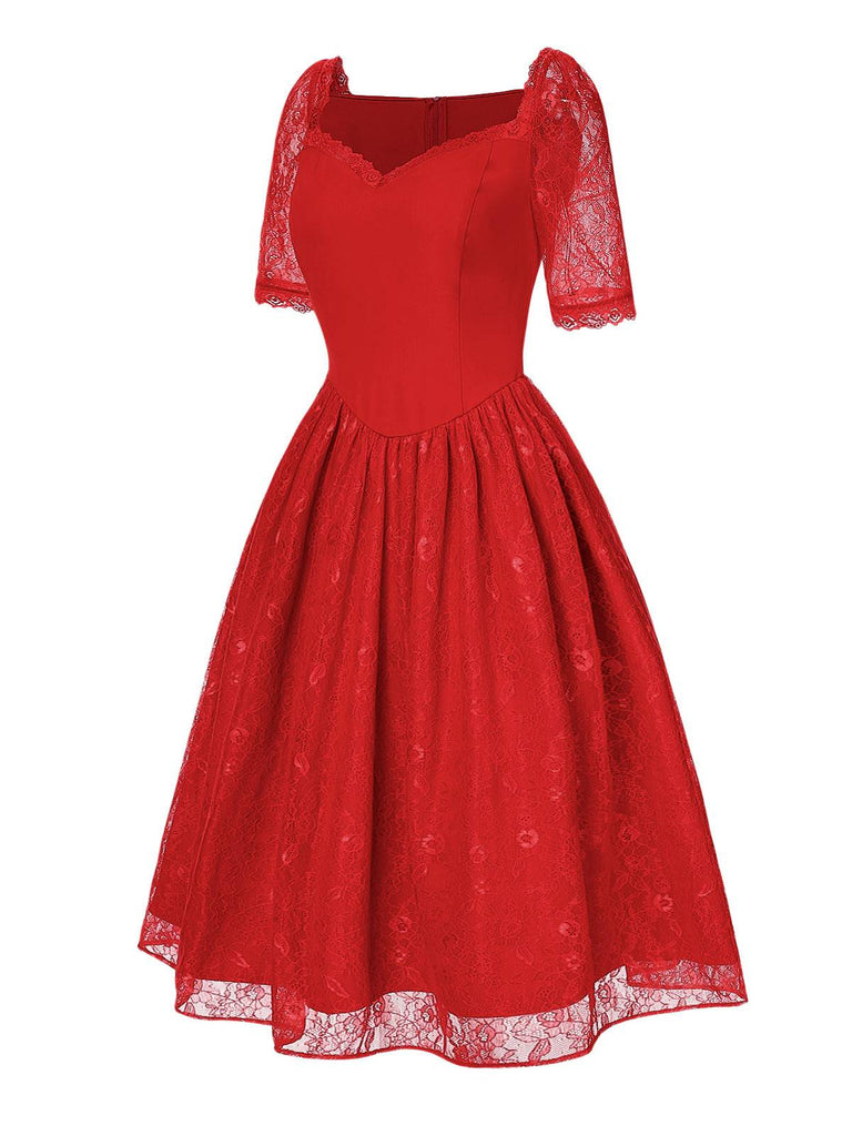 [Vorverkauf] Rot 1950er Sweetheart Spitze Patchwork Kleid