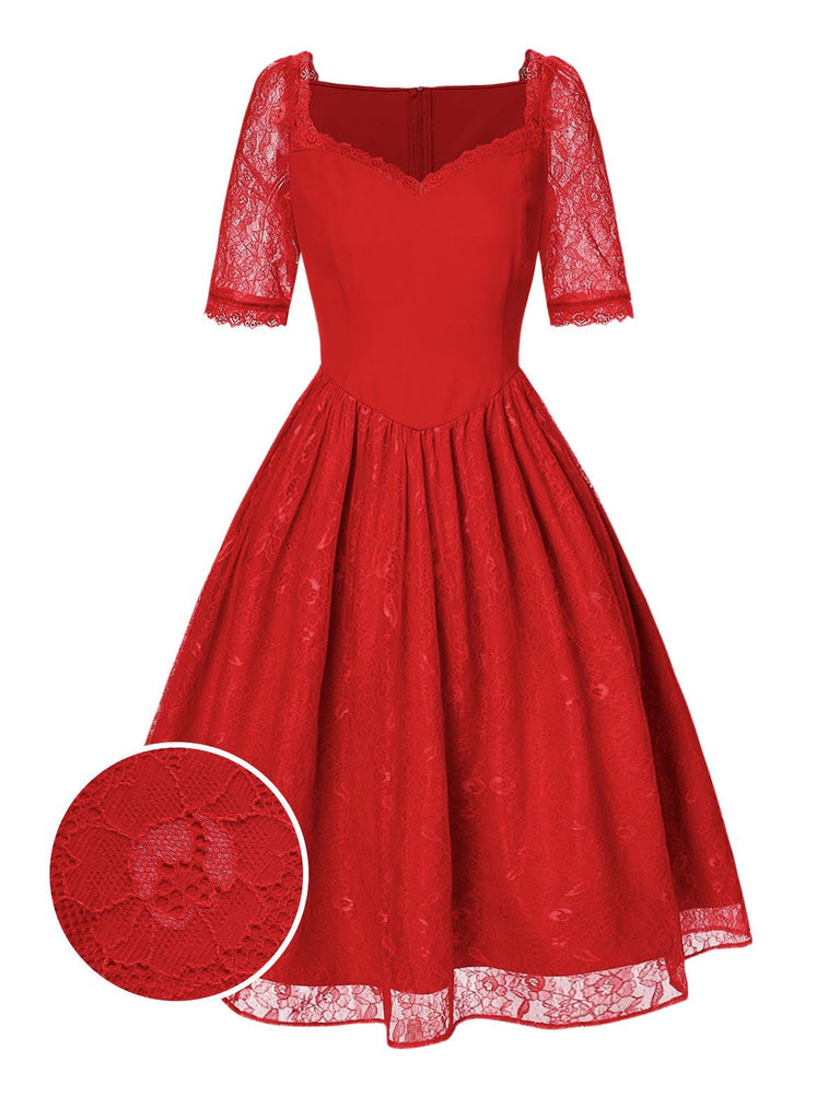 [Vorverkauf] Rot 1950er Sweetheart Spitze Patchwork Kleid