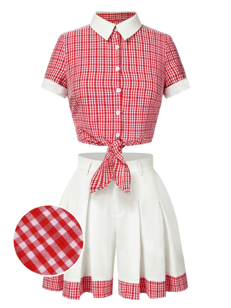 [Vorverkauf] 2PCS Rot 1930er Revers Plaid Top&Plissiertes Shorts