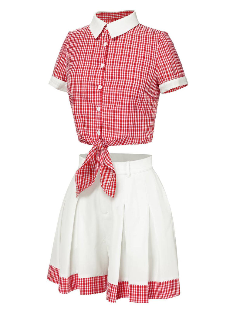 [Vorverkauf] 2PCS Rot 1930er Revers Plaid Top&Plissiertes Shorts