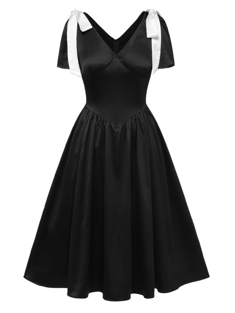 [Vorverkauf] Schwarz 1950er Weiß Bogen V-Ausschnitt Satin Kleid