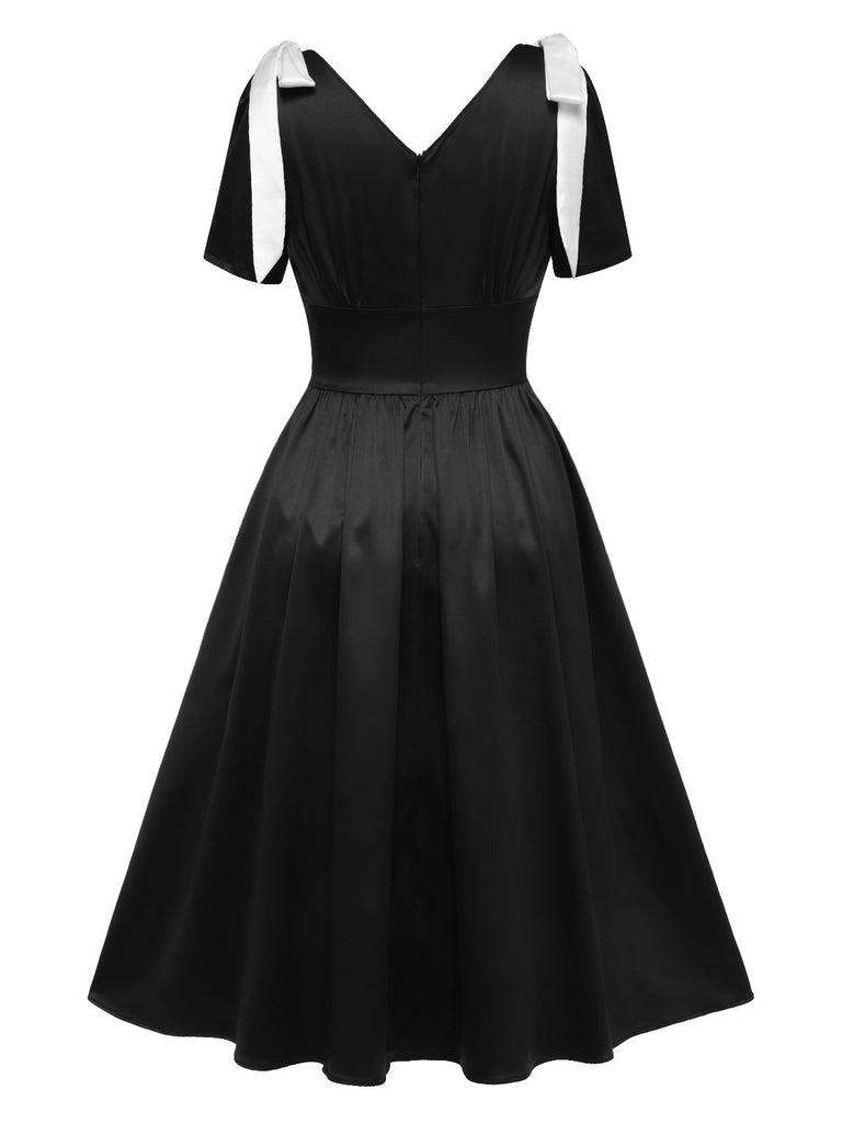 [Vorverkauf] Schwarz 1950er Weiß Bogen V-Ausschnitt Satin Kleid