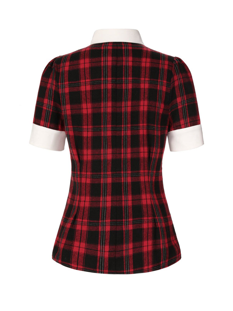 [Vorverkauf] Rot 1930er Hemdkragen Gingham Plaid Top