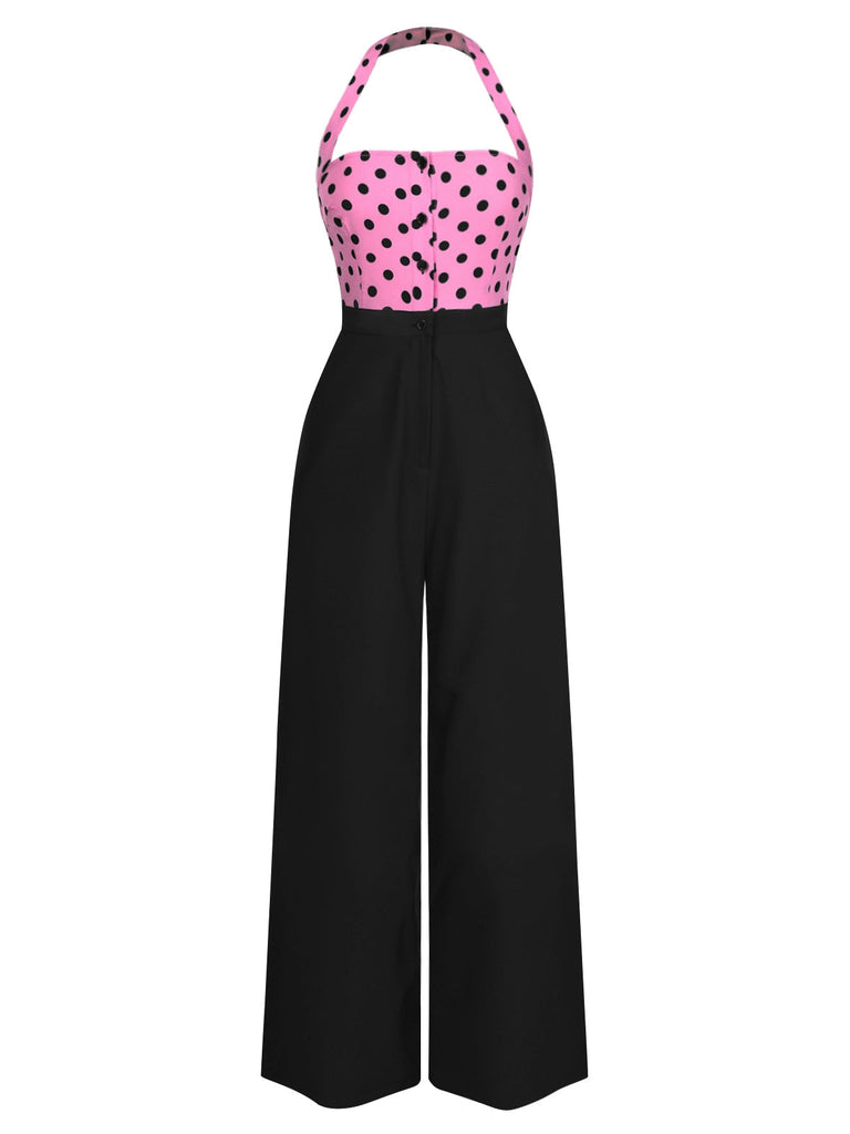 [Vorverkauf] Schwarz & Rosa 1940er Polka Dots Halter Jumpsuit