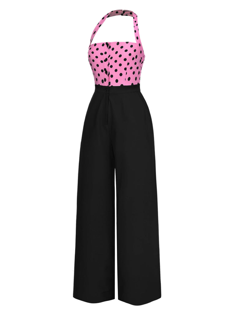 [Vorverkauf] Schwarz & Rosa 1940er Polka Dots Halter Jumpsuit