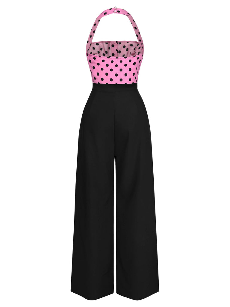 [Vorverkauf] Schwarz & Rosa 1940er Polka Dots Halter Jumpsuit