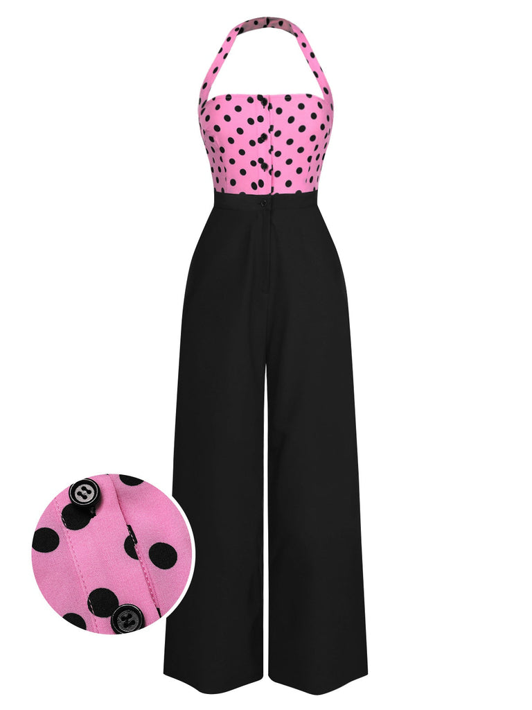 [Vorverkauf] Schwarz & Rosa 1940er Polka Dots Halter Jumpsuit