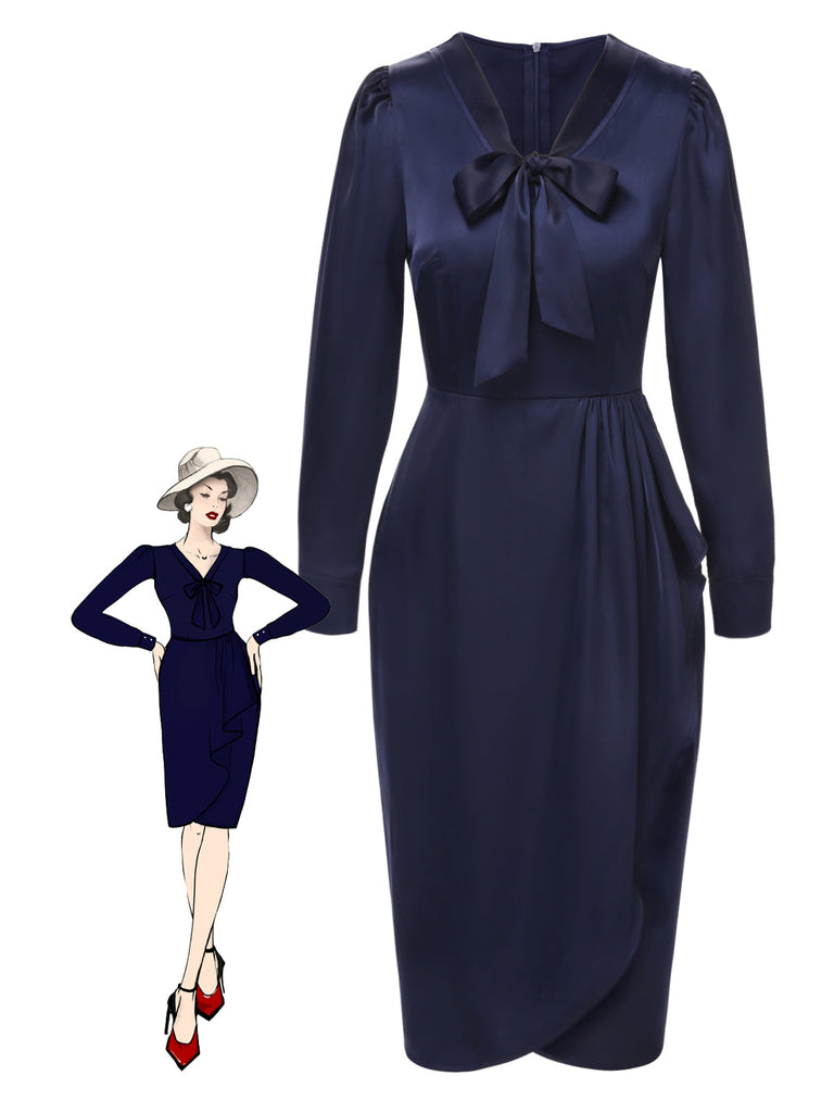 [Vorverkauf] Dunkelblau 1940er Krawattenhals Plissiertes Kleid