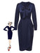 [Vorverkauf] Dunkelblau 1940er Krawattenhals Plissiertes Kleid