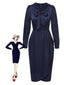 [Vorverkauf] Dunkelblau 1940er Krawattenhals Plissiertes Kleid