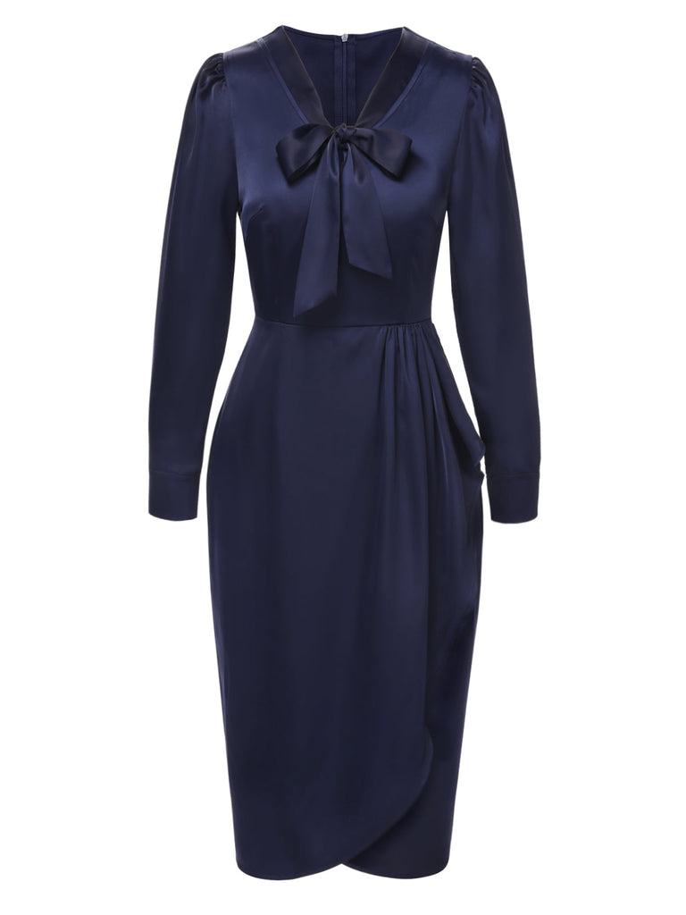 [Vorverkauf] Dunkelblau 1940er Krawattenhals Plissiertes Kleid