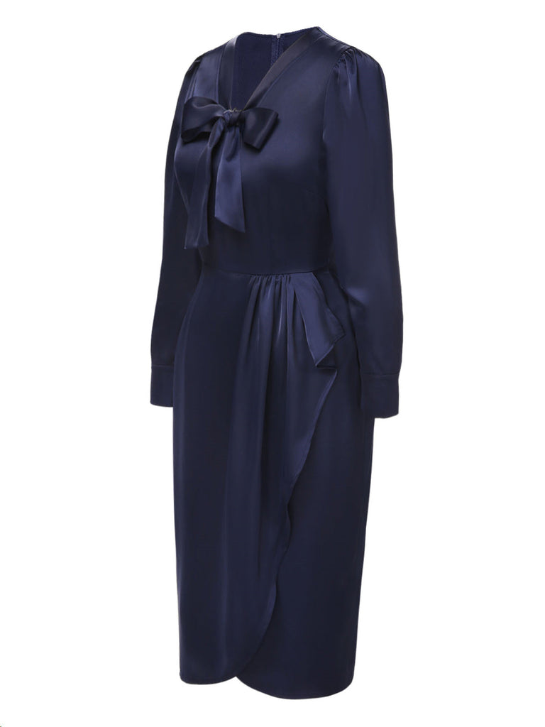 [Vorverkauf] Dunkelblau 1940er Krawattenhals Plissiertes Kleid