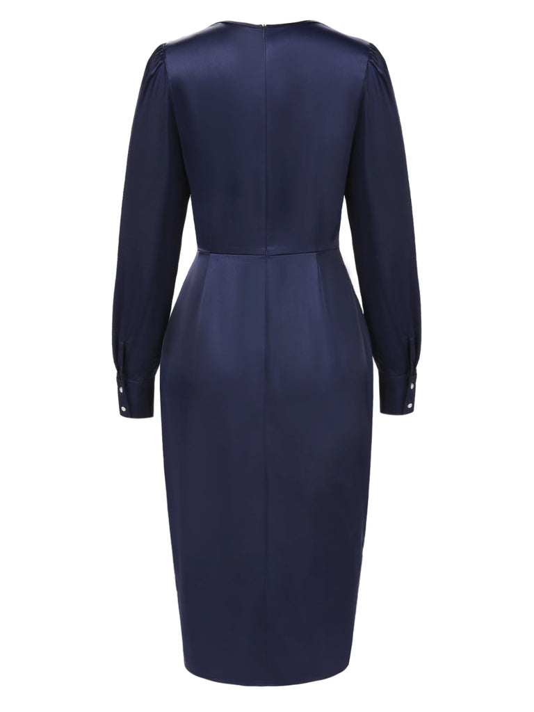 [Vorverkauf] Dunkelblau 1940er Krawattenhals Plissiertes Kleid