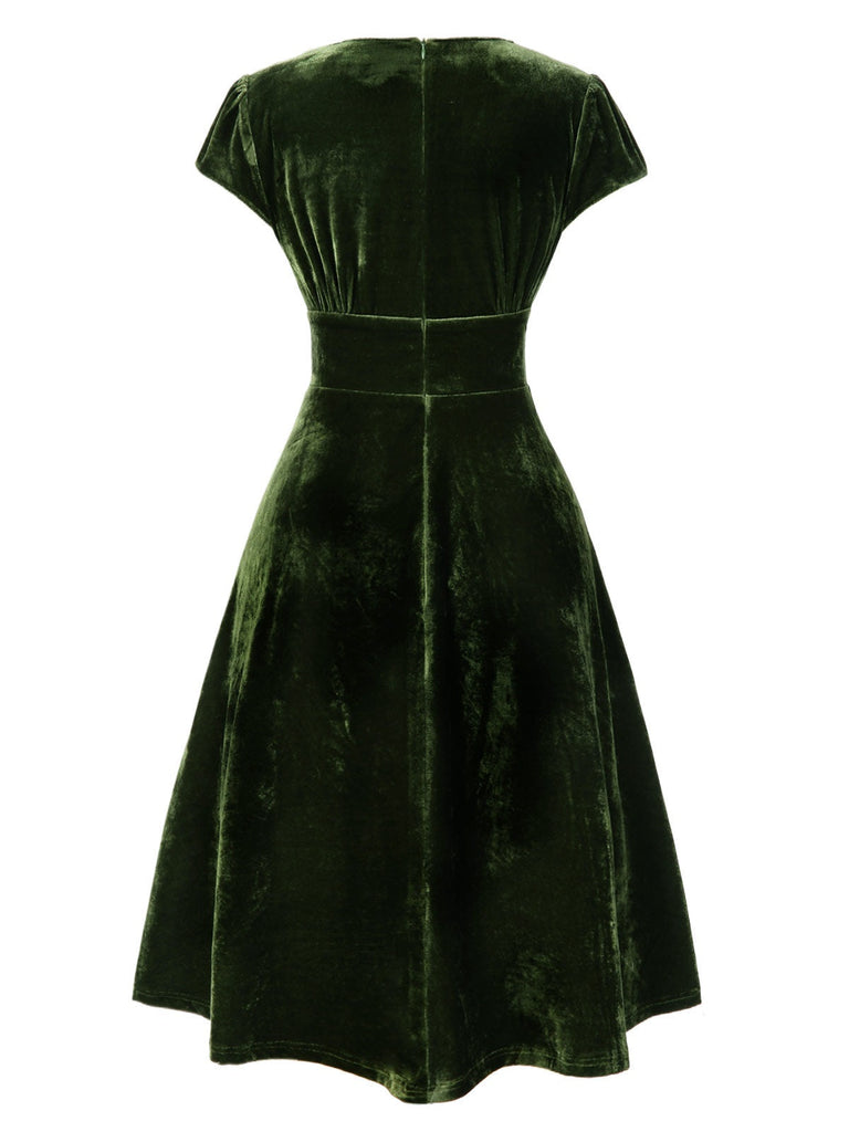 [Vorverkauf] Grün 1940er Tief V-Ausschnitt Perle Samt Kleid